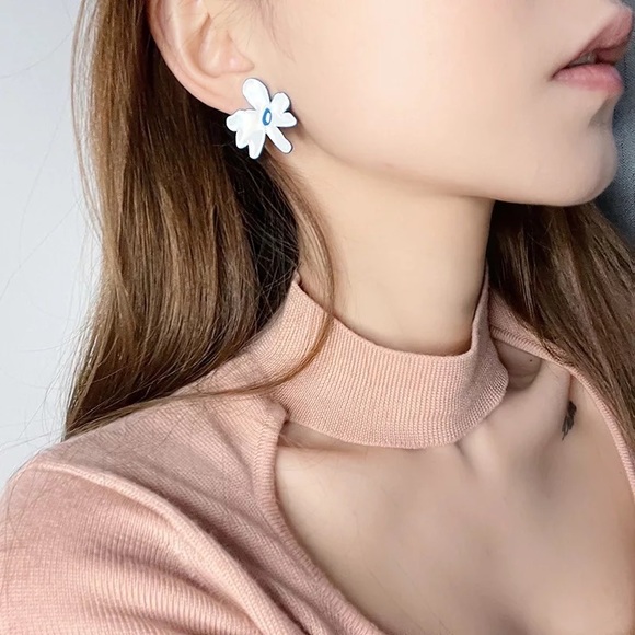 Anthro Cobalt Blue Dopamine Clothes Boho Checked Floral Stud Earrings Jewelry - Picture 2 of 16